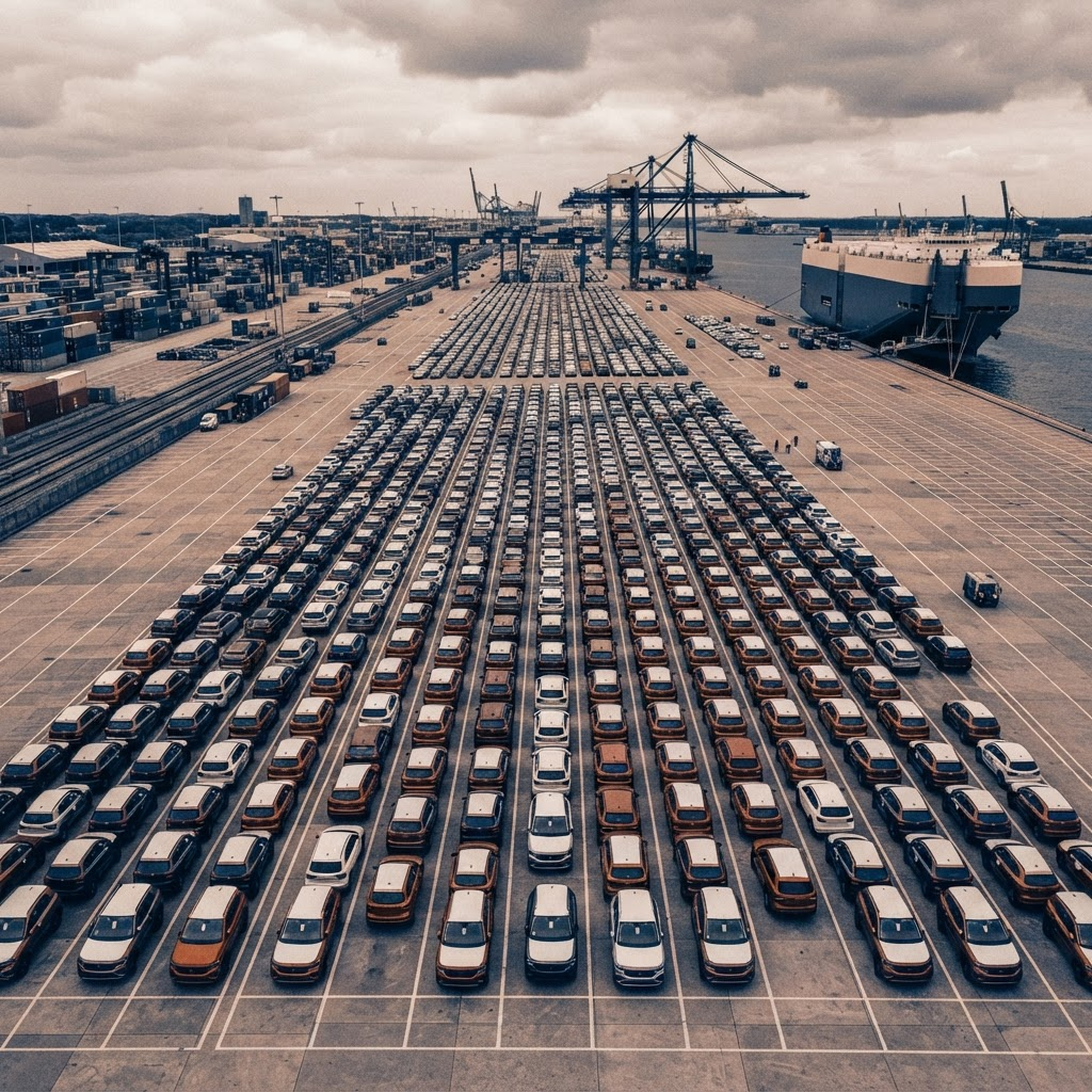 Aerial view of vehicles staged for export at a shipping yard